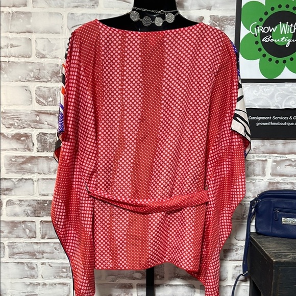 CAbi Asymmetrical Yellow and Purple Tie Front Blouse - Picture 5 of 6